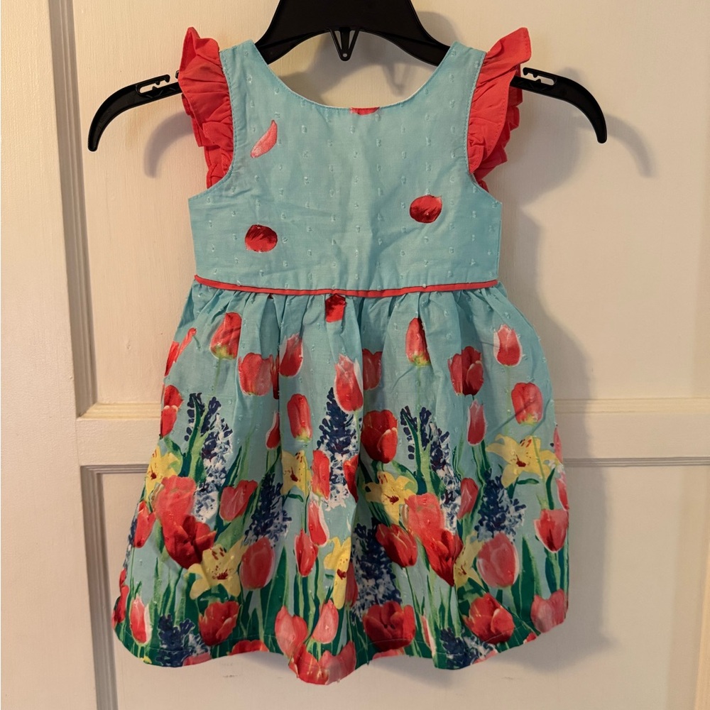 Penelope Mack Blue Dress with Red Ruffle Sleeves & Tulip Print